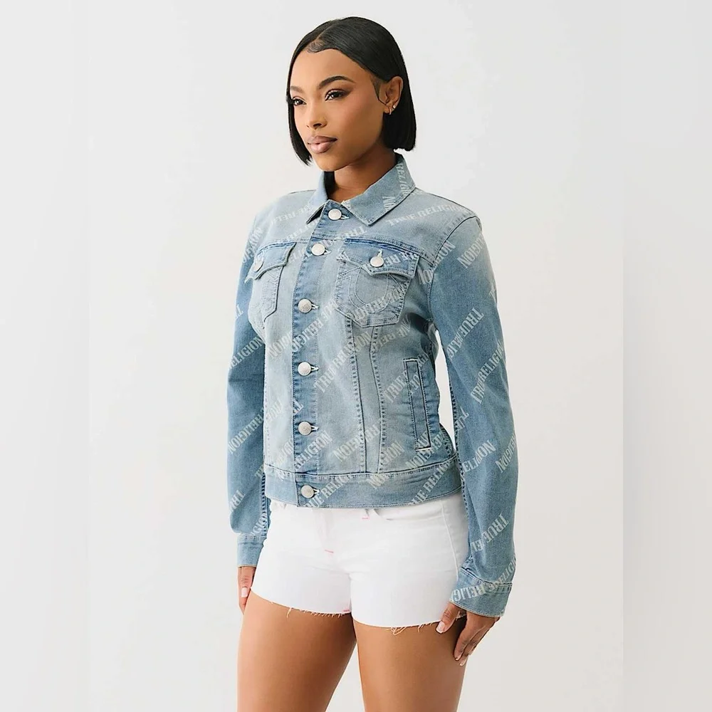 NWT True Religion Allover Logo Relaxed Trucker Jacket - Picture 3 of 16